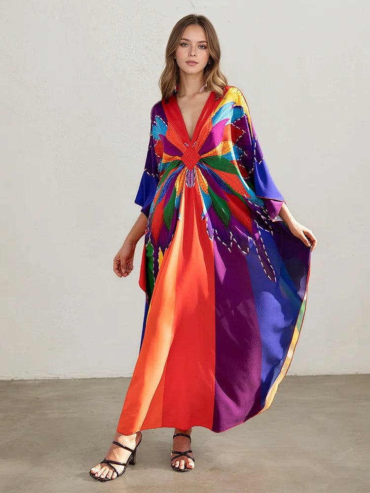 XITAO Batwing Sleeve Pullover Loose Dress Print V-neck Contrast Color Vintage Temperament Summer Woman Ankle-length Dress GJ1198