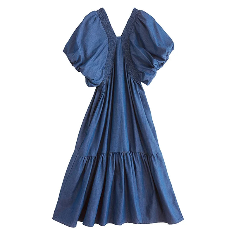 XITAO Puff Sleeve Solid Color Pleated Female Dress V-neck Patchwork Personality Temperament Elegant Summer Woman Dress ZMY1255