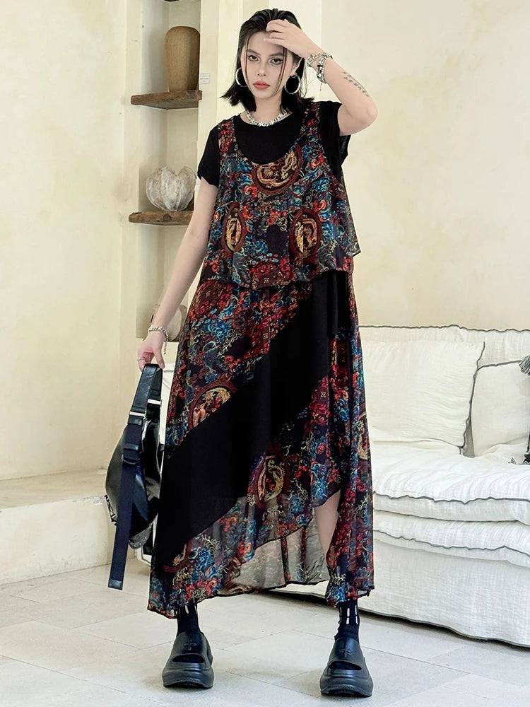 XITAO Contrast Color Print Flower Dress Casual Loose Fitting O-neck Vintage Long Style Short Sleeve Women Dress GYX1554