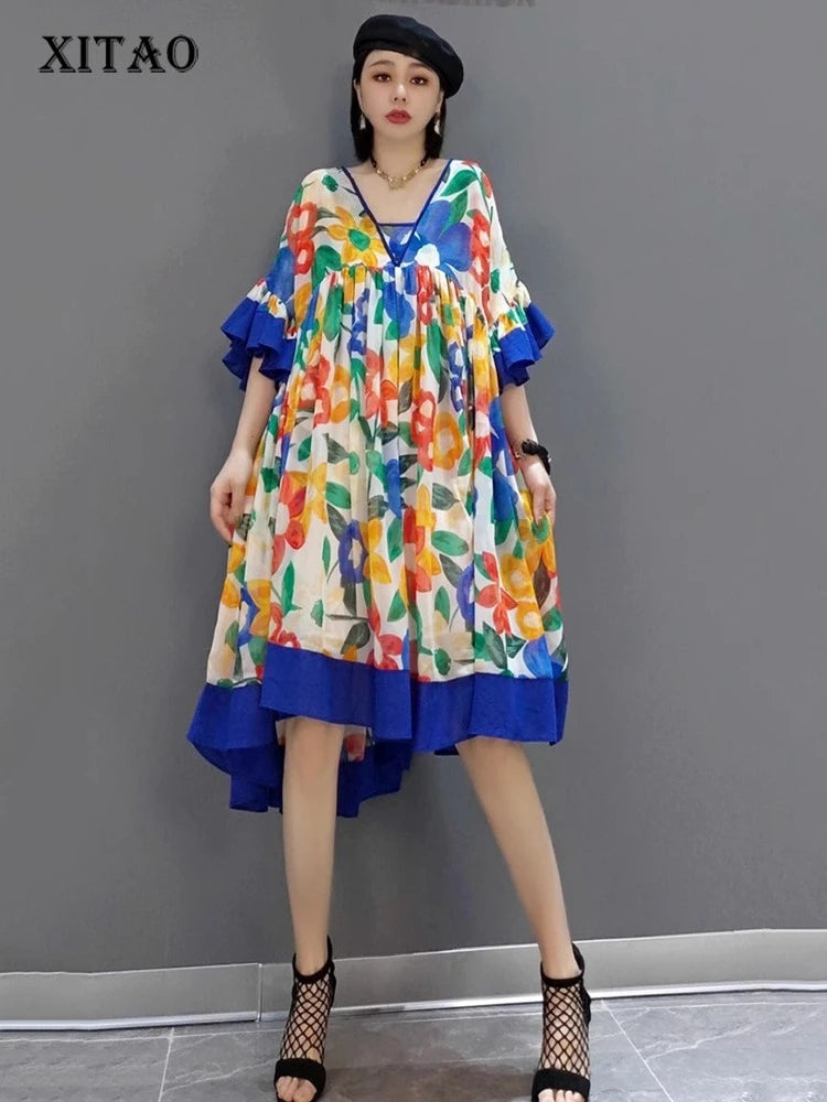 XITAO Pleated Loose Print Dress V-neck Patchwork Ruffles Casual Temperament Trend Personality Summer Woman Dress ZMY1281