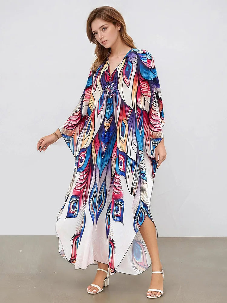 XITAO Bat Wing Sleeve Loose V-neck Dress Peacock Print Pullover Contrast Color Vintage Slimming Summer Woman Dress GJ1156