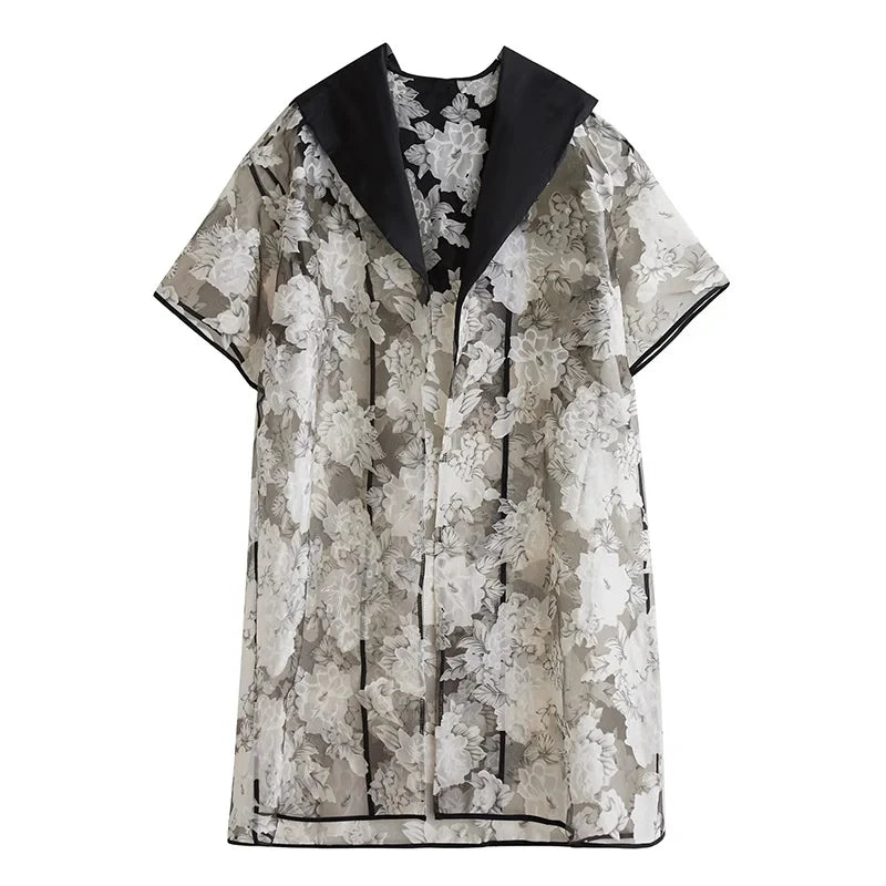 XITAO Hooded Gauze Patchwork Trench Print Half Sleeve New Temperament Casual Loose All-match Summer Cardigans Trench ZMY1279