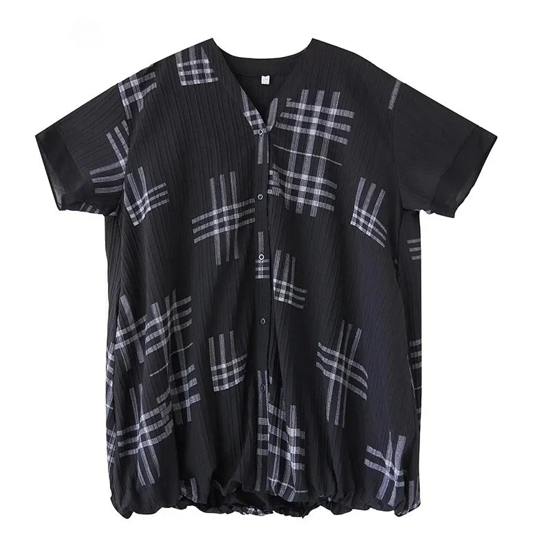 XITAO Striped Print Patchwork Contrast Color Loose Dress V-neck Short Sleeve Loose Vintage Knee-length Shirt Dress ZMY1172