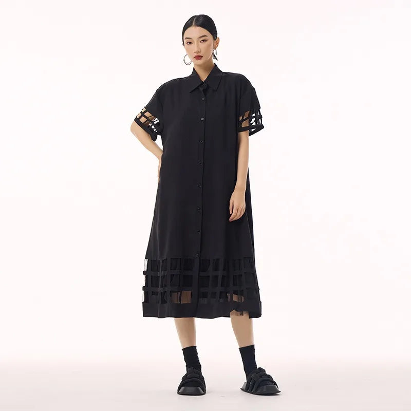 XITAO Hollow Out Patchwork Mesh Half Sleeve Dress Turn-down Collar Vintage Casual Solid Color Single Breasted Dress GMM1351