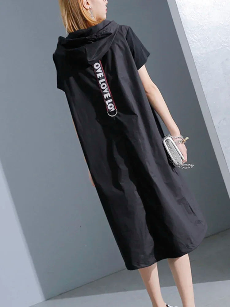 XITAO Hoodie Black Midi Dress 2019 Women Short Sleeve Elegant Womens Clothing Pullover A Line Party Dress New KY428