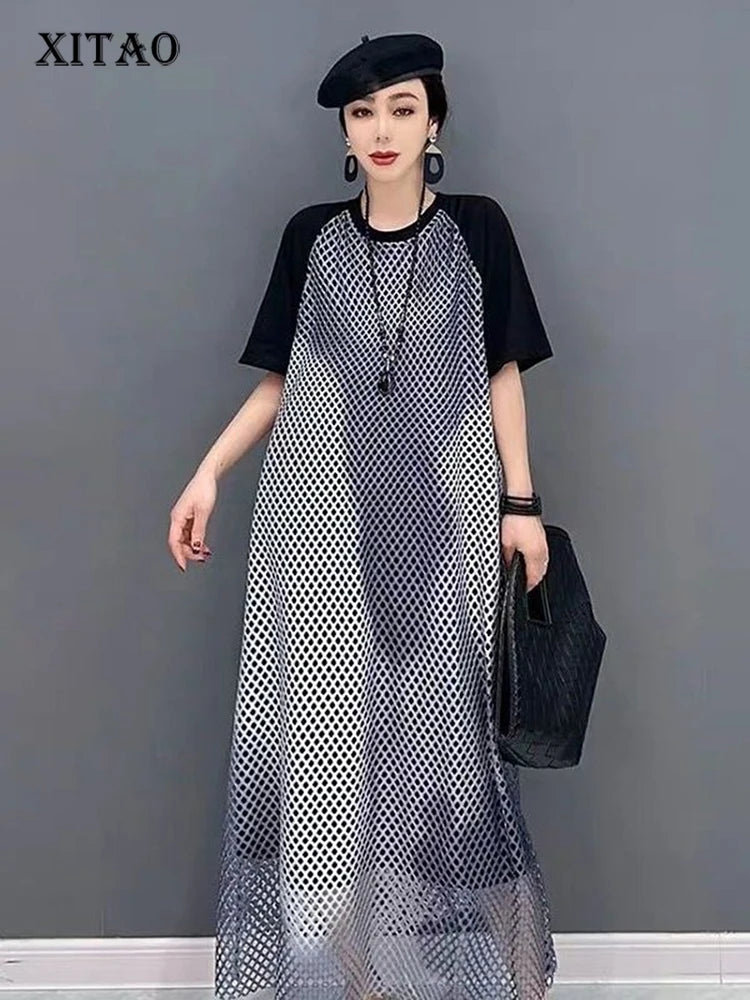 XITAO Hollow Out Patchwork Mesh Grid Dress O-neck Casual Short Sleeve Loose Temperament Pullover Summer Woman Dress ZMY1280