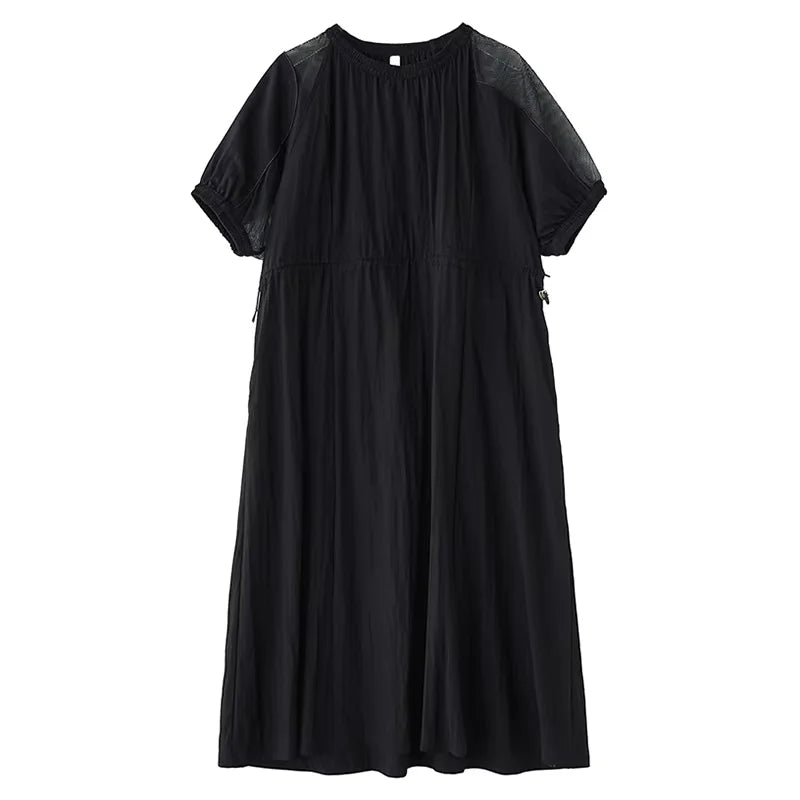 XITAO Gauze Patchwork Draw String Dress O-neck Short Sleeve Solid Color Simple Loose Slimming Summer Woman Dress ZMY1240