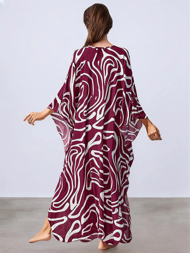 XITAO Irregular Print Contrast Color Dress Temperament Side Slit Bat Wing Sleeve Loose Fashion Summer Woman V-neck Dress GJ1174
