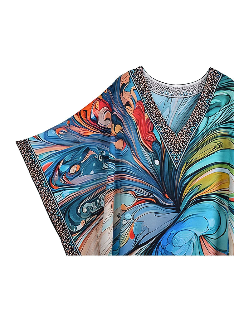 XITAO Bat Wing Sleeve V-neck Vintage Dress Side Slit Print Pullover Loose Temperament Summer Woman Ankle-length Dress GJ1195