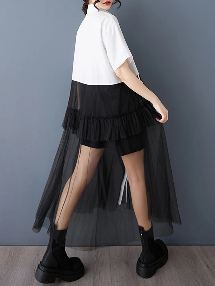 XITAO Patchwork Mesh Single Breasted Dress Casual Loose Fitting A-line Short Sleeve Turn-down Collar Summer Women Dress GYX1634