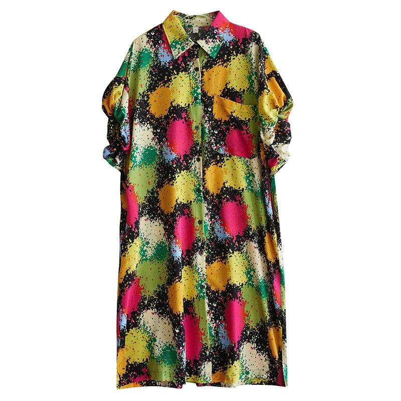 XITAO Print Shirring Pocket Turn-down Collar Dress Women Short Sleeve Loose Casual Temperament Slimming Shirt Dress GYX1616