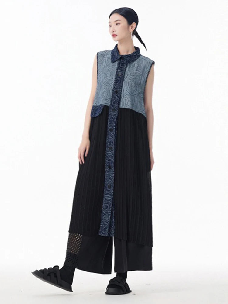 XITAO Patchwork Single Breasted Sleeveless Dress Turn-down Collar A-line Casual Pocket New Personality Female Dress GYX1522