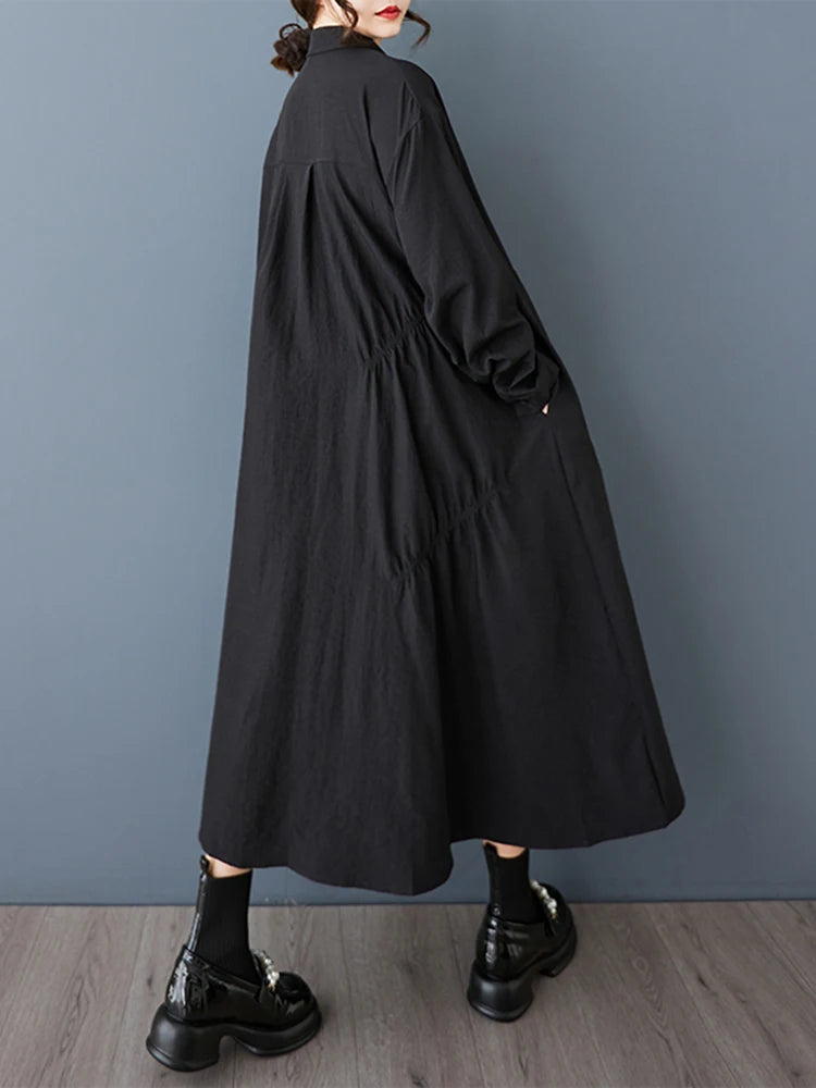 XITAO Pleated Single Breasted Lapel Dress Casual Turn-down Collar Full Sleeve A-line Solid Color Spring Women Dress GYX1542