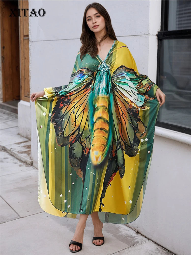 XITAO Butterfly Print Batwing Sleeve Pullover Dress Contrast Color V-neck Loose Temperament Ankle-length Women Dress GJ1144