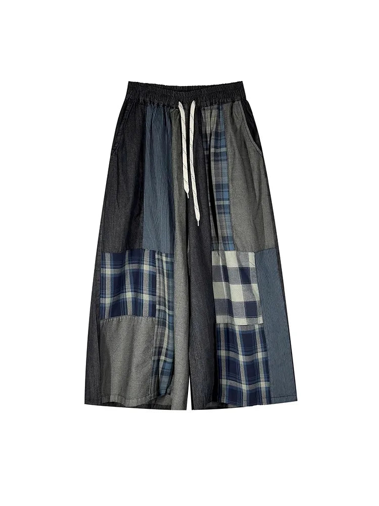 XITAO Patchwork Plaid Loose Pants Contrast Color Elastic Waist New Arrival Summer All-match Woman Wide Leg Pants ZMY1238