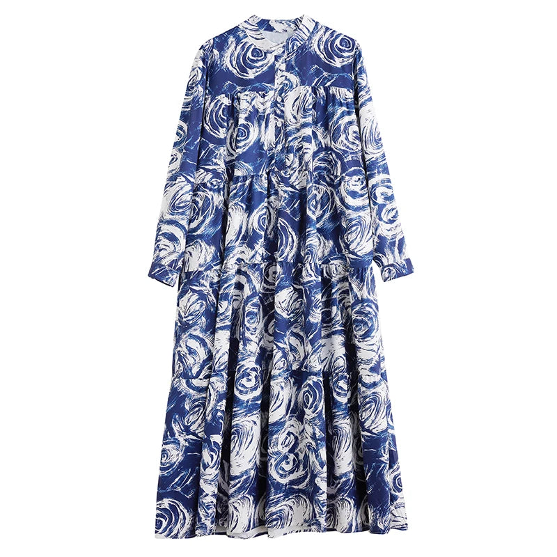 XITAO Contrast Color Print Patchwork Stand Collar Dress Long Sleeve Pullover Loose Mid-calf Casual Slimming Dress HQQ2469