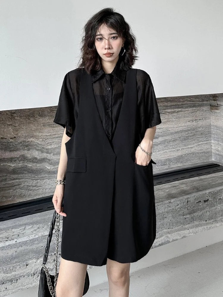 XITAO Patchwork Single Breasted Fake Two Pieces Dress Women Short Sleeve Pullover Solid Color Temperament Casual Dress ZMY1308