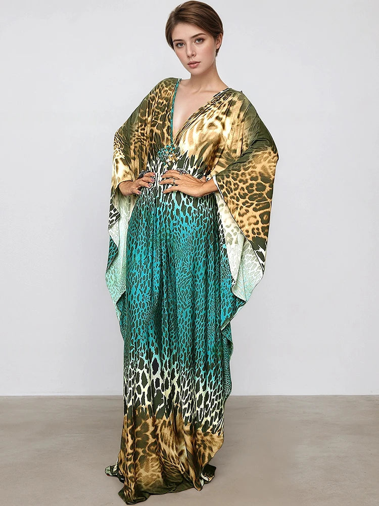 XITAO Leopard Print V-neck Dress Pullover Bat Wing Sleeve Loose Casual Vintage Temperament Summer Woman Personality Dress GJ1182