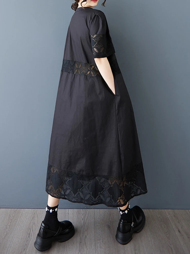 XITAO Hollow Out Patchwork Lace Dress Casual O-neck A-line Short Sleeve A-line New Arrival Fashion Summer Women Dress HQQ2472