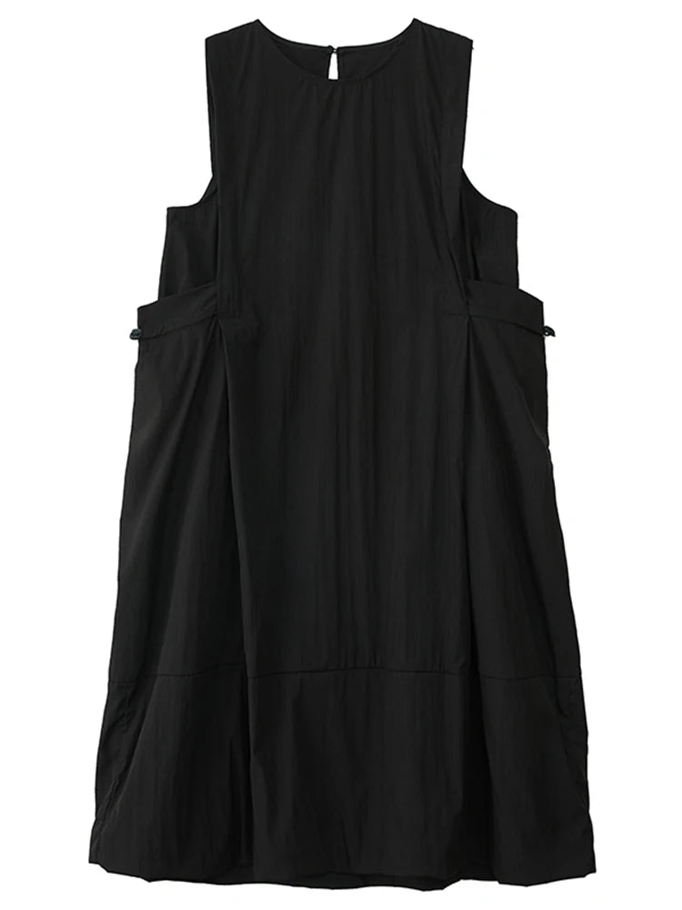 XITAO Drawstring Sleeveless O-neck Dress Casual A-line Loose Fitting Solid Color Simple New Arrival Summer Female Dress ZMY1199