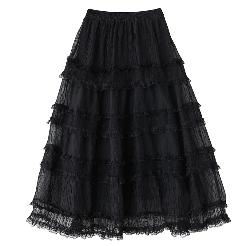 XITAO Lace Patchwork Gauze Elastic Waist Skirt Solid Color Casual Temperament All Match A-line Summer Slimming Skirt ZMY1216