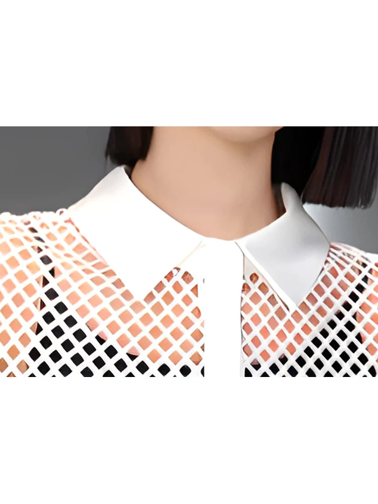 XITAO Hollow Out Mesh Irregular Short Sleeve Dress Loose Fitting Solid Color Single Breasted Lapel Summer Female Dress GYX1660