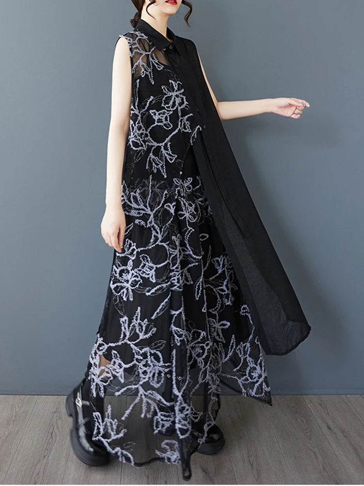 XITAO Embroidery Patchwork Irregular Sets Gauze Sleeveless Turn-down Collar Elastic Waist Temperament Elegant Woman Sets ZMY1267