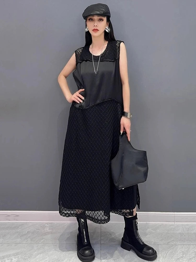 XITAO Hollow Out Patchwork Sleeveless Dress Casual Solid Color Simple A-line Fashion New Arrival Summer Women Dress ZMY1244