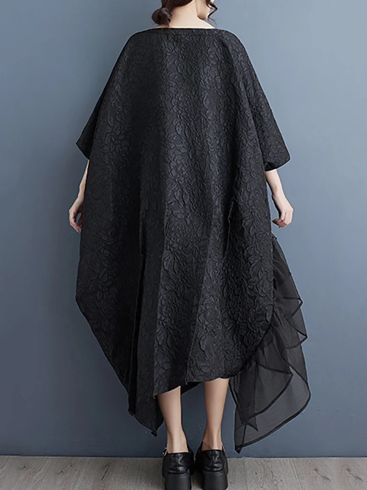 XITAO Gauze Patchwork Batwing Sleeve Dresses Asymmetrical Solid Color Three-dimensional Decoration Loose Dress Spring DMJ3845