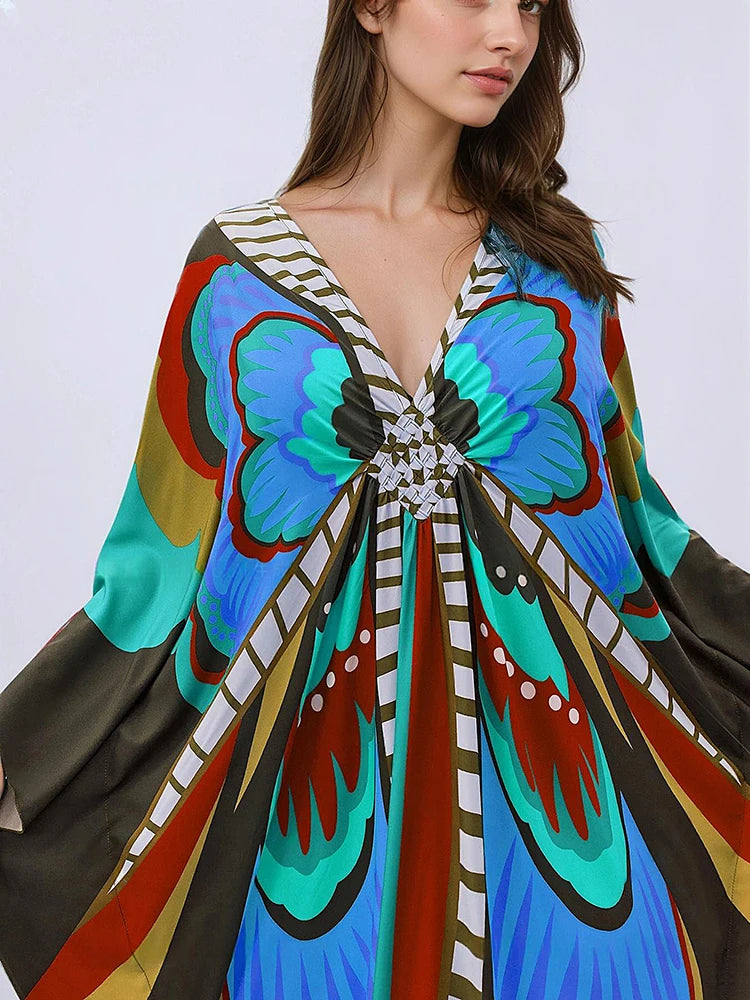 XITAO Butterfly Print V-neck Loose Dress Contrast Bat Wing Sleeve Casual Temperament Summer Woman Ankle-length Dress GJ1153