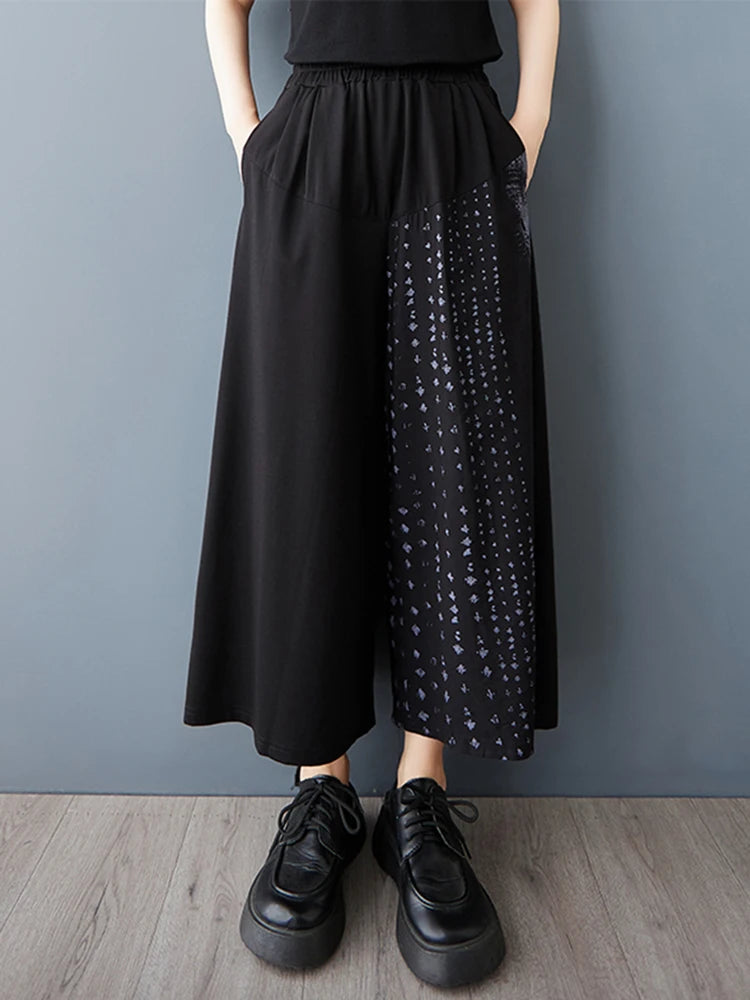 XITAO Print Patchwork Pocket Elastic Waist Pants Contrast Color Loose All Match Casual Slimming Summer Wide Leg Pants HQQ2482