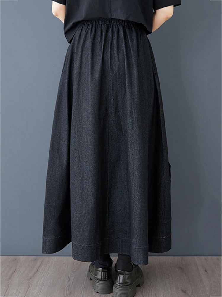 XITAO Pocket Elastic Waist Casual Skirt Loose Fitting Vintage Fashion A-line High Waist New Simple Spring Women Skirt GYX1512