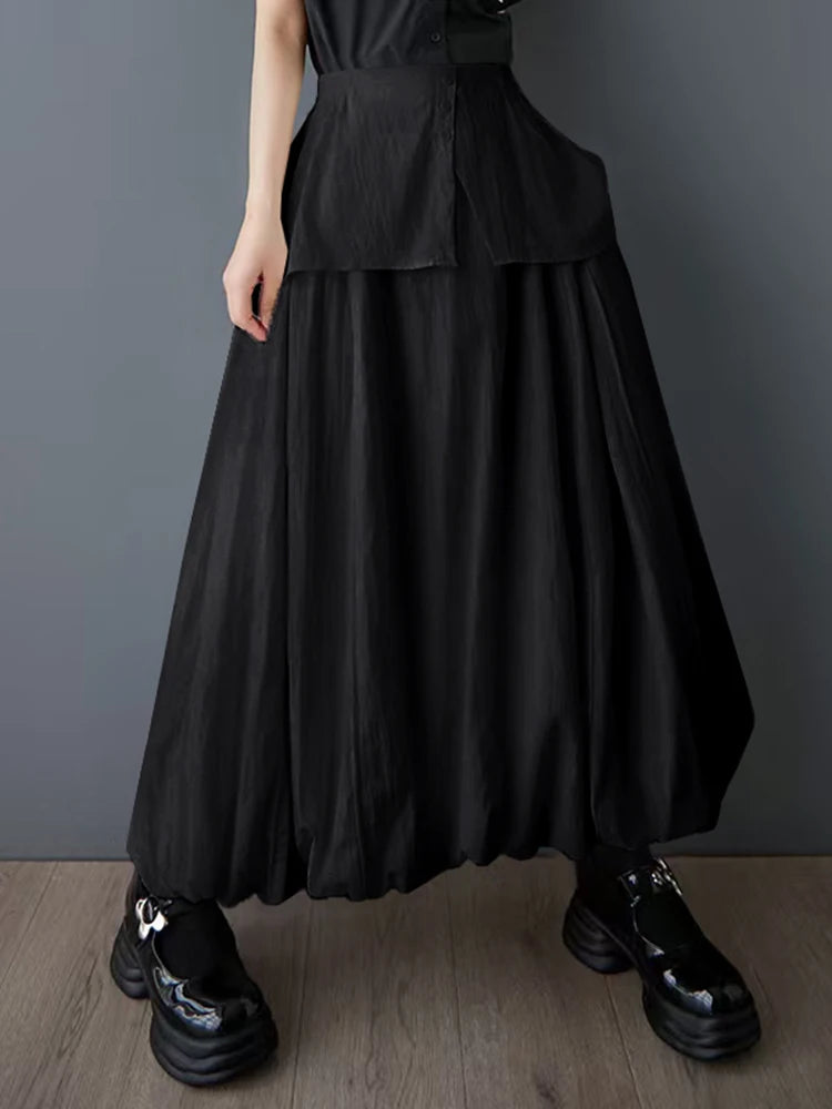 XITAO Bud Button False Two Pieces Skirt Casual Solid Color Elastic Waist Loose Fitting A-line New Summer Women Skirt ZMY1192