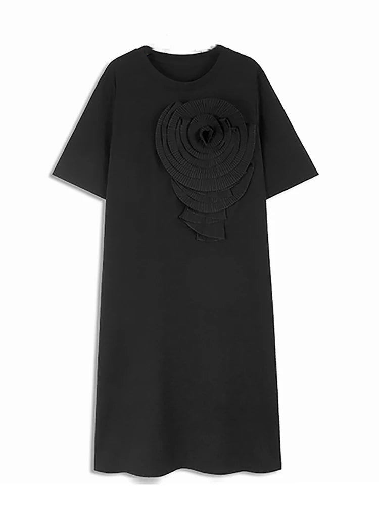 XITAO Three-dimensional Decoration Dresses Solid Color O-neck Pullover Floral Side Split Mid-calf Casual Dress Summer ZY8688
