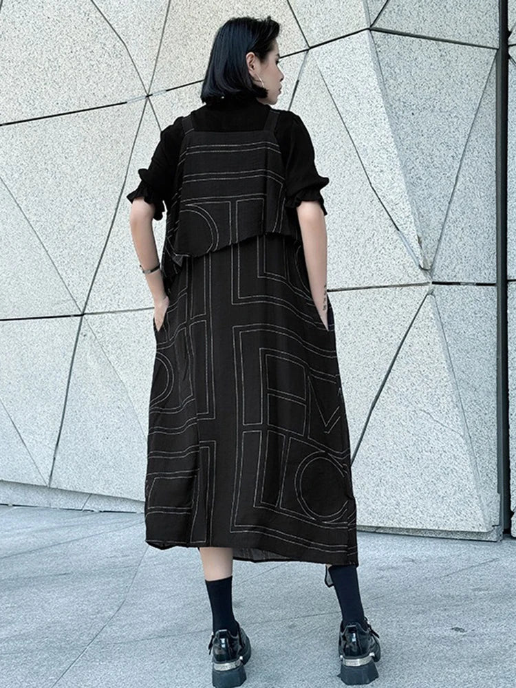 XITAO Patchwork Geometric Loose Strap Dress Sleeveless Casual Square Collar Simple All-match Slimming Summer Woman Dress HQQ2492
