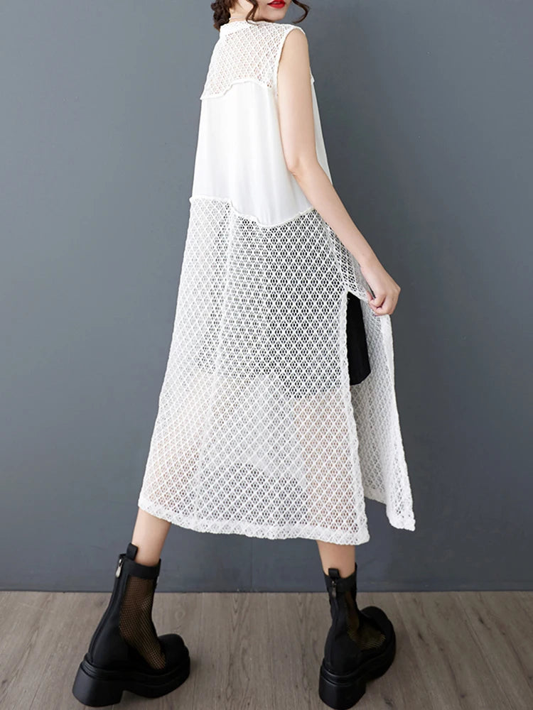 XITAO Sleeveless Irregular Dress Casual Hollow Out Mesh Patchwork Women Summer O-neck Korea Casual Pullover Dress ZMY1213