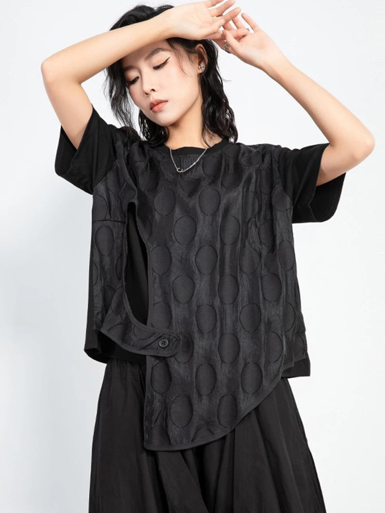XITAO Hollow Out Asymmetrical Button T-Shirts Gauze Patchwork Pullover Solid Color Short Sleeve Loose Casual Women Top ZMY1163