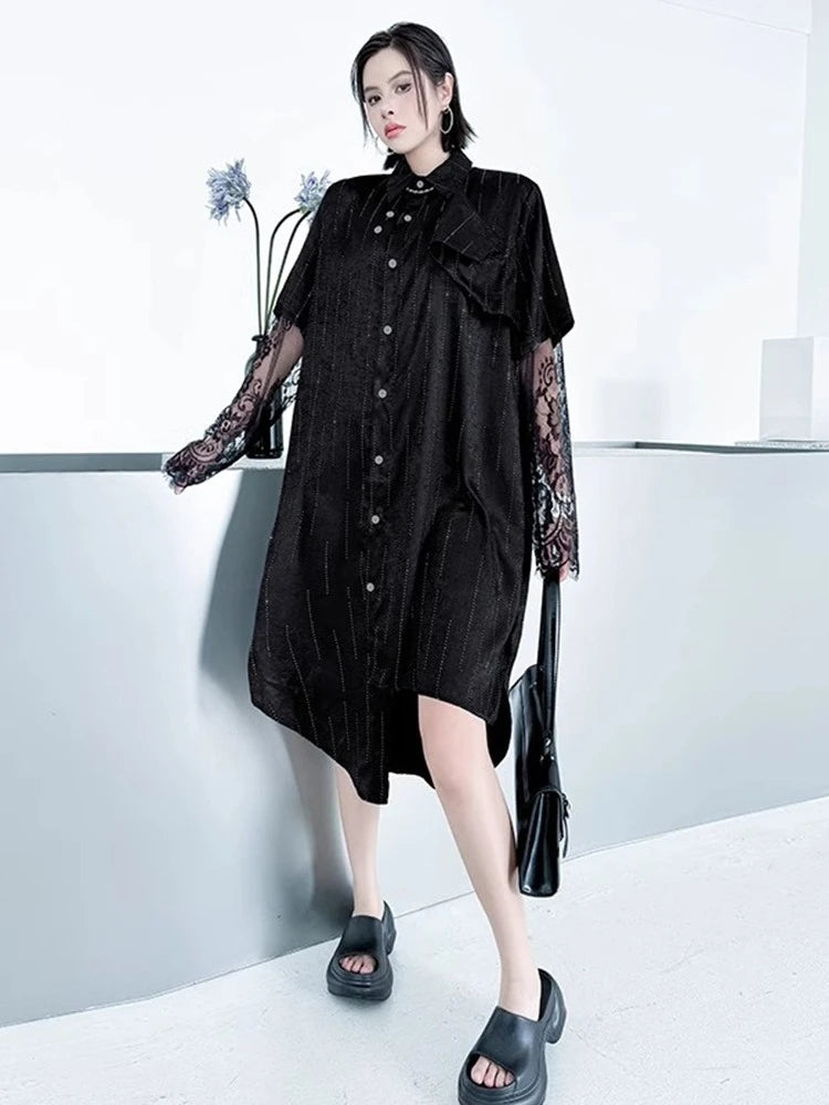 XITAO Asymmetrical Lace Patchwork Stripe Dress A-line Single Breasted Turn-down Collar Personality Spring Women Dress ZMY1345