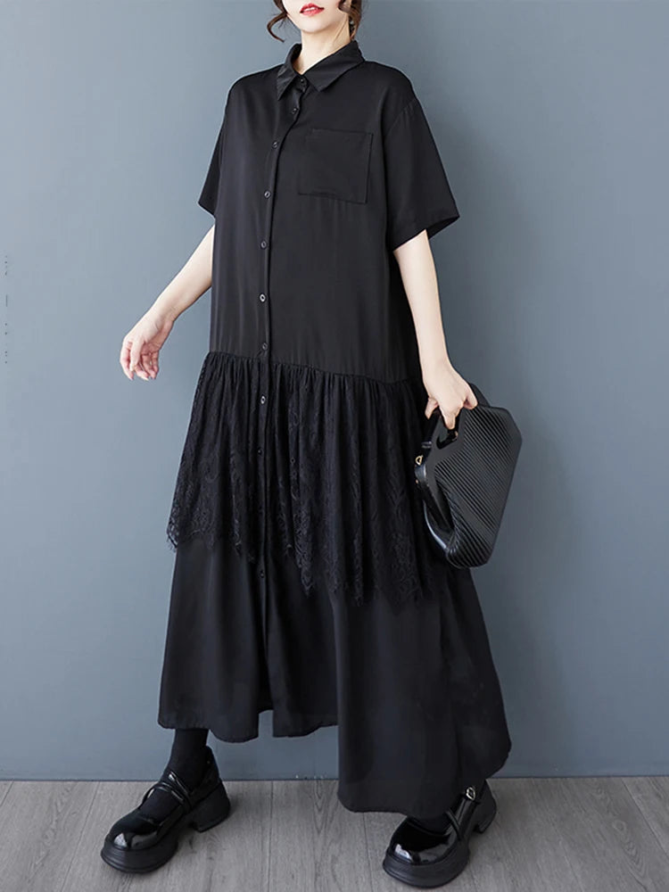XITAO Lace Patchwork Turn-down Collar Dress Casual A-line Single Breasted Loose Fitting Hong Kong New Summer Women Dress HQQ2484