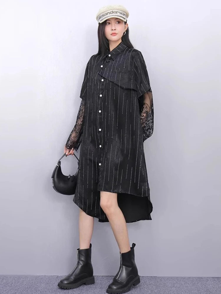 XITAO Irregular Patchwork Mesh Single Breasted Dress Loose Fitting Thin Fashion Stripe Pocket Lapel Summer Female Dress ZMY1346