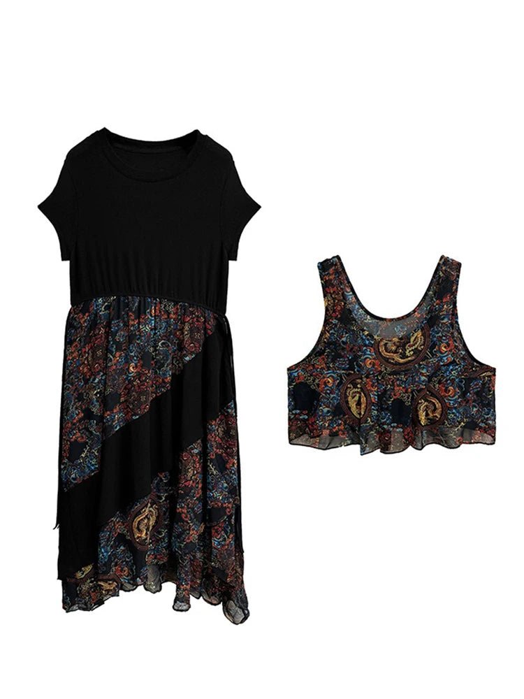 XITAO Contrast Color Print Flower Dress Casual Loose Fitting O-neck Vintage Long Style Short Sleeve Women Dress GYX1554