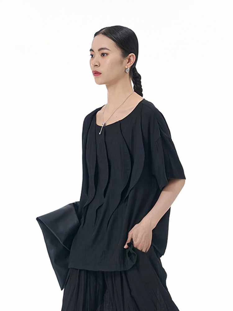 XITAO Irregular T-shirt Three-dimensional Flouncing Patchwork Decorate Solid Color Top 2024 Summer Loose New Women HQQ2334