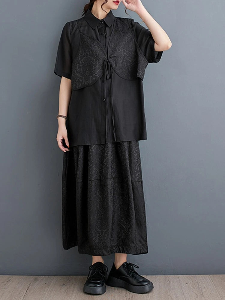 XITAO Patchwork Loose Drawstring Sets Solid Color Turn-down Collar Short Sleeve Elastic Waist Temperament Woman Sets ZMY1274