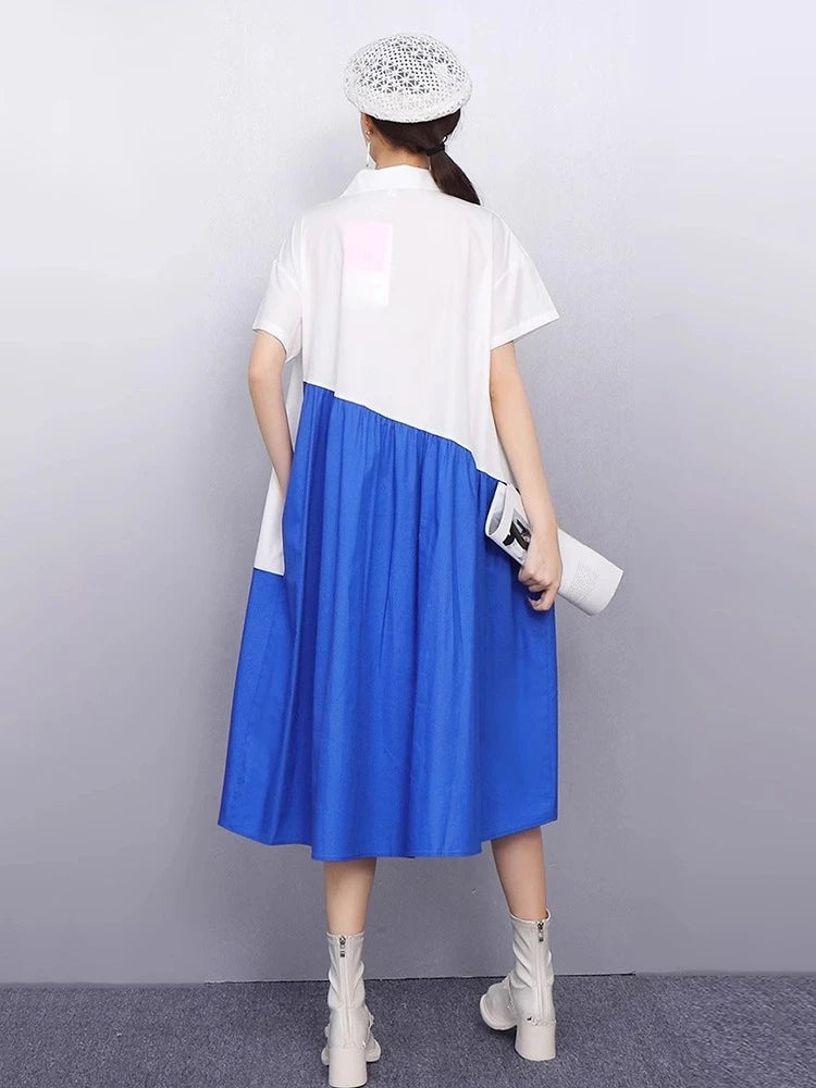 XITAO Three-dimensional Decoration Flower Dress Contrast Color Patchwork Turn-down Collar Loose Summer Woman Dress ZMY1397
