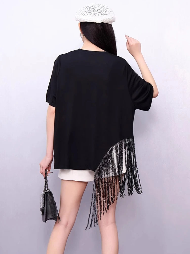 XITAO Loose Tassels Asymmetric Women T-shirt Fashion Trend Short Sleeve O-neck Women Temperament All-match Simple Top ZMY1176