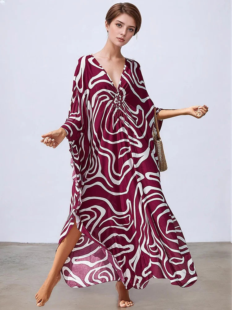 XITAO Irregular Print Contrast Color Dress Temperament Side Slit Bat Wing Sleeve Loose Fashion Summer Woman V-neck Dress GJ1174