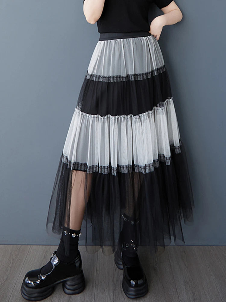 XITAO Gauze Patchwork Contrast Color A-line Skirt Elastic Waist Loose Temperament Casual Slimming Summer Women Skirt ZMY1065