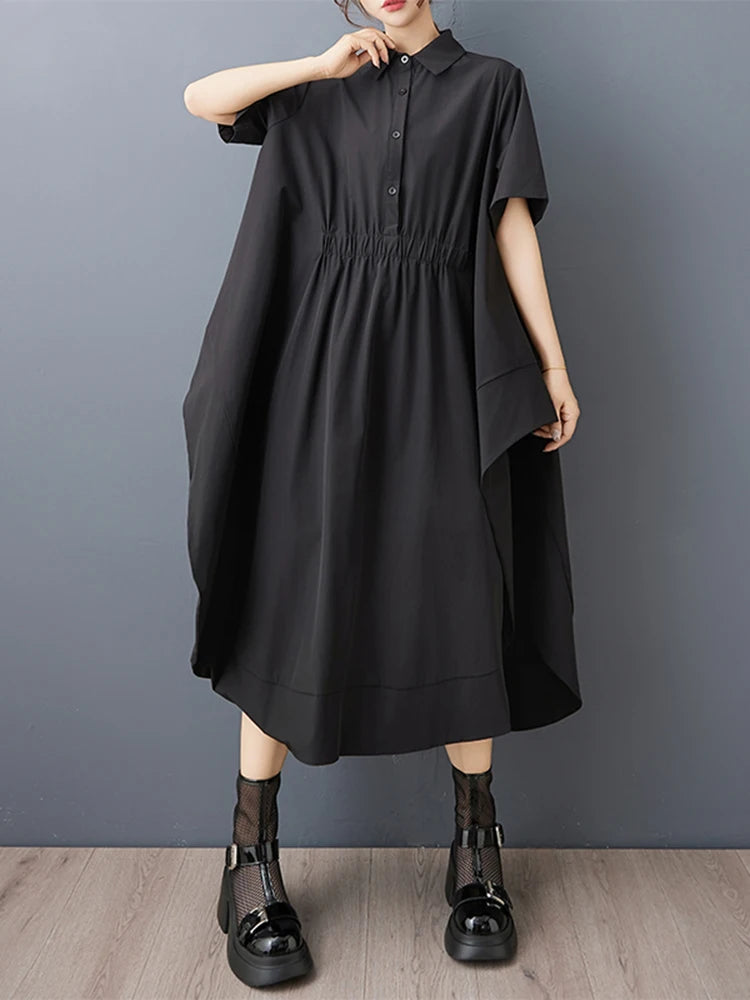 XITAO Irregular Button Dress Solid Color Casual Short Sleeve Loose Turn-down Collar Temperament Summer Woman Dress GYX1653