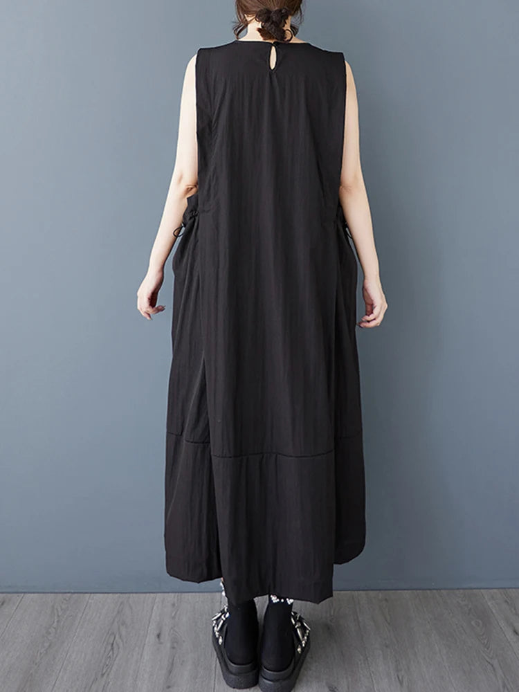 XITAO Drawstring Sleeveless O-neck Dress Casual A-line Loose Fitting Solid Color Simple New Arrival Summer Female Dress ZMY1199