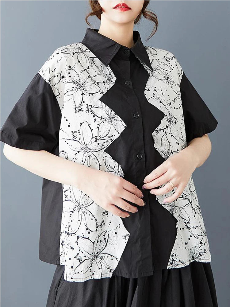 XITAO Patchwork Contrast Color Single Breasted Shirt Casual Loose New Arrival Turn-down Collar Personality Summer Blouse HQQ2459